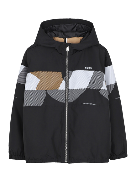BOSS Kids' Graphic Print Hooded Jacket, Black, Black