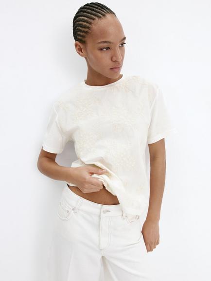 Mango Floral Embroidery Crew Neck T-Shirt, Raw, Raw