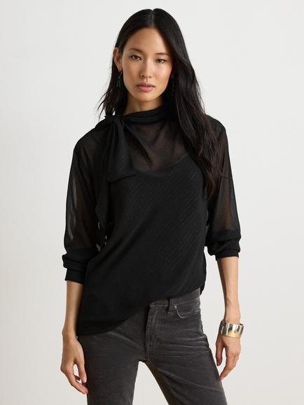 Lauren Ralph Lauren Tie Neck Striped Metallic Blouse, Black, Black