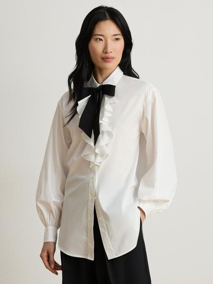 Lauren Ralph Lauren Bow Tie Ruffle Cotton Blouse, White, White