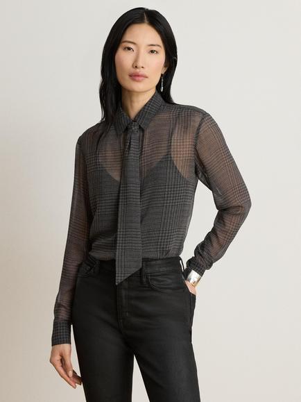 Lauren Ralph Lauren Neck Tie Check Sheer Blouse, Grey/Black, Grey/Black
