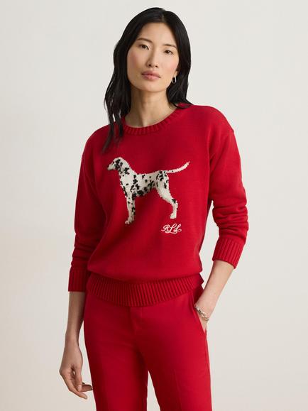 Lauren Ralph Lauren Dog Motif Cotton Knit Jumper, Ralph Red/Multi, Ralph Red Multi