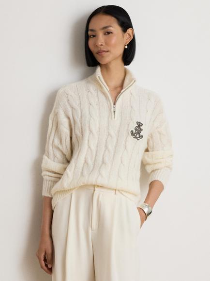 Lauren Ralph Lauren Zip Neck Cable Knit Jumper, Mascarpone Cream, Mascarpone Crm