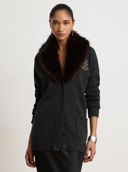 Lauren Ralph Lauren Fur Trim Wool Blend V-Neck Cardigan, Onyx Heather, Onyx Heather