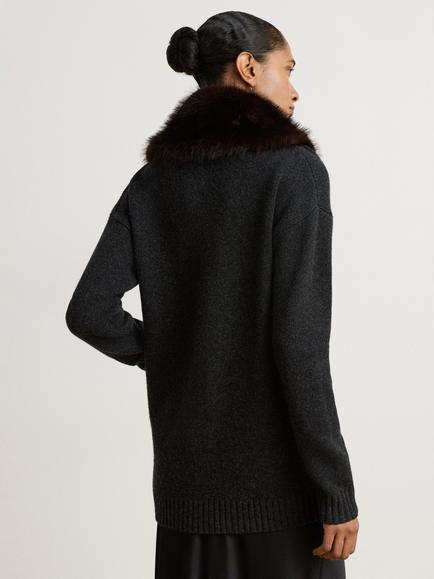 Lauren Ralph Lauren Fur Trim Wool Blend V-Neck Cardigan, Onyx Heather - view 2, Onyx Heather