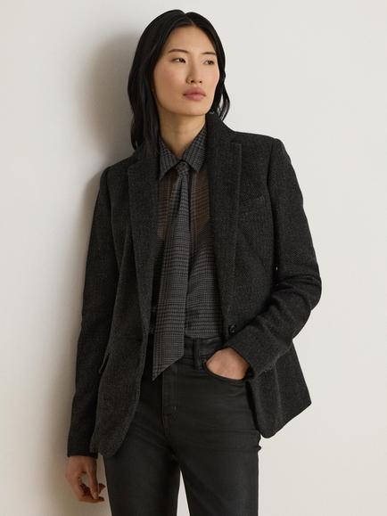 Lauren Ralph Lauren Single Breasted Herringbone Wool Blend Blazer, Dark Grey, Dark Grey