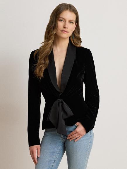 Lauren Ralph Lauren Single Breasted Tie Front Velvet Blazer, Black, Black Velvet