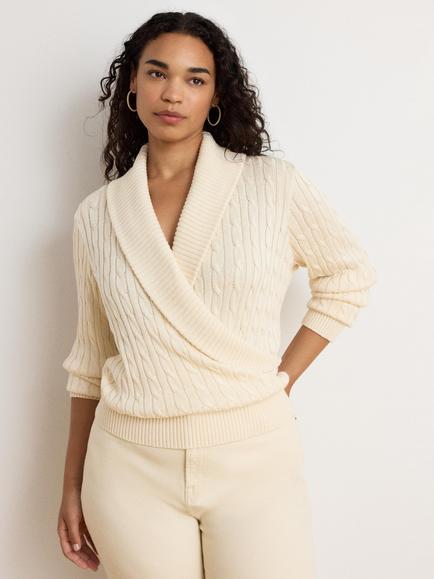 Lauren Ralph Lauren Cable Knit Shawl Collar Jumper, Mascarpone Cream, Mascarpone Crm