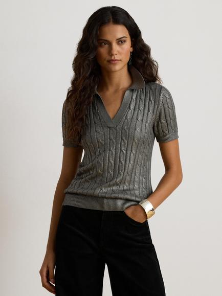 Lauren Ralph Lauren Short Sleeve Open Collar Cotton Blend Cable Knit Jumper, Silver, Silver