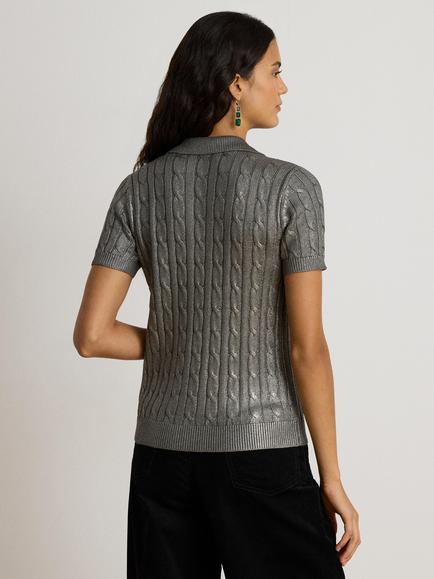 Lauren Ralph Lauren Short Sleeve Open Collar Cotton Blend Cable Knit Jumper, Silver - view 2, Silver