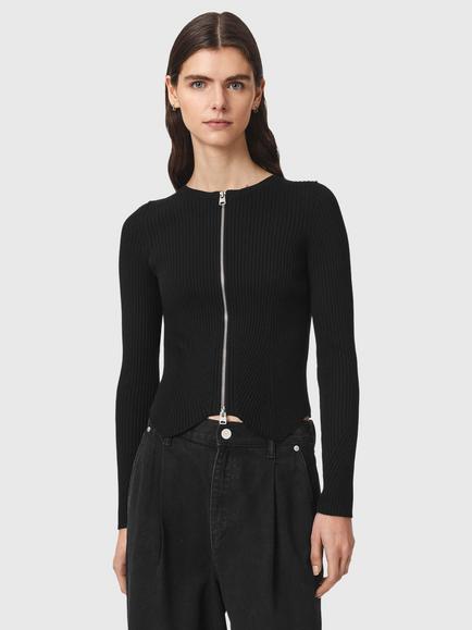 AllSaints Cruz Zip Round Neck Cardigan containing LENZING™ ECOVERO™ Viscose, Black, Black