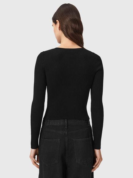 AllSaints Cruz Zip Round Neck Cardigan containing LENZING™ ECOVERO™ Viscose, Black - view 2, Black