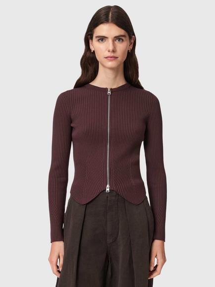 AllSaints Cruz Zip Round Neck Cardigan containing LENZING™ ECOVERO™ Viscose, Black, Burnt Brown