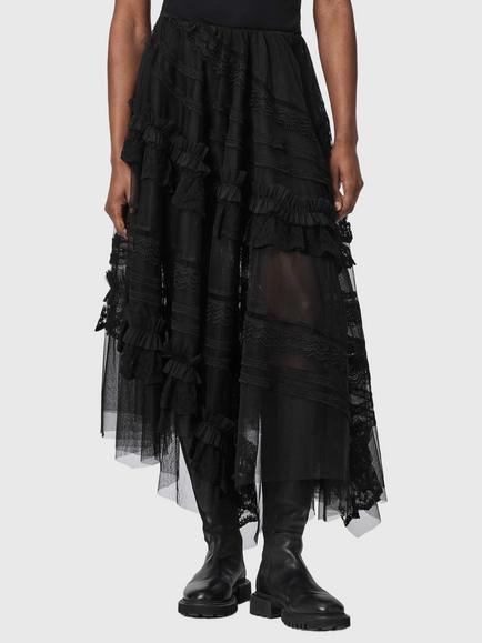 AllSaints Jen Lace Tiered Midi Skirt, Black, Black