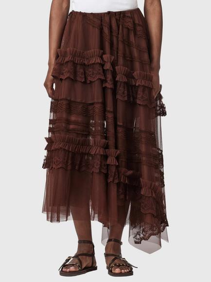 AllSaints Jen Lace Tiered Midi Skirt, Black, Hot Chocolate