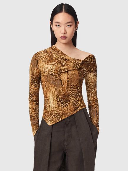 AllSaints Arlie Animal Slim Fit Long Sleeve Top, Gold/Multi, Gold/Multi