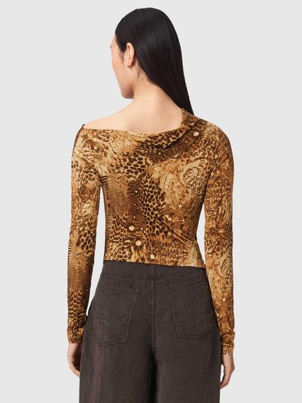 AllSaints Arlie Animal Slim Fit Long Sleeve Top, Gold/Multi - view 2, Gold/Multi