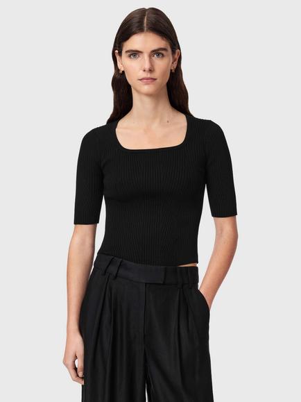 AllSaints Cruz Hally Square Neck T-Shirt containing LENZING™ ECOVERO™ Viscose, Black, Black