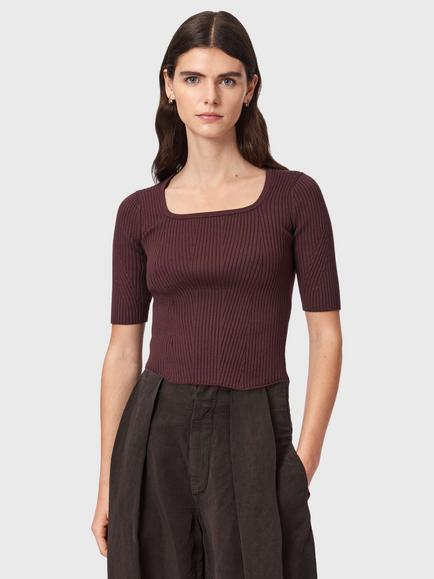 AllSaints Cruz Hally Square Neck T-Shirt containing LENZING™ ECOVERO™ Viscose, Black, Burnt Brown
