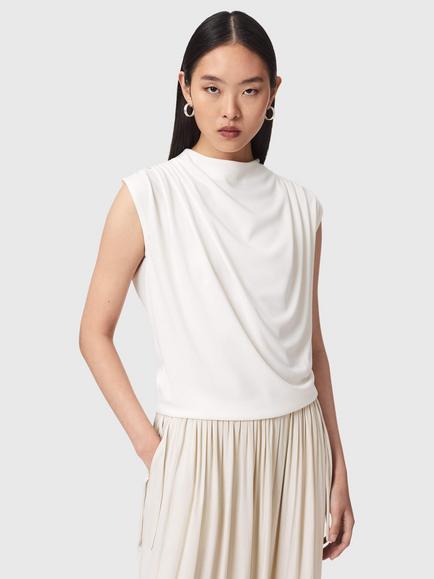 AllSaints Emerson High Neck T-Shirt, Black, Fossil White