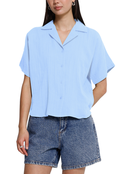 ICHI Iafoxa Short Sleeve Boxy Shirt, Placid Blue, Placid Blue