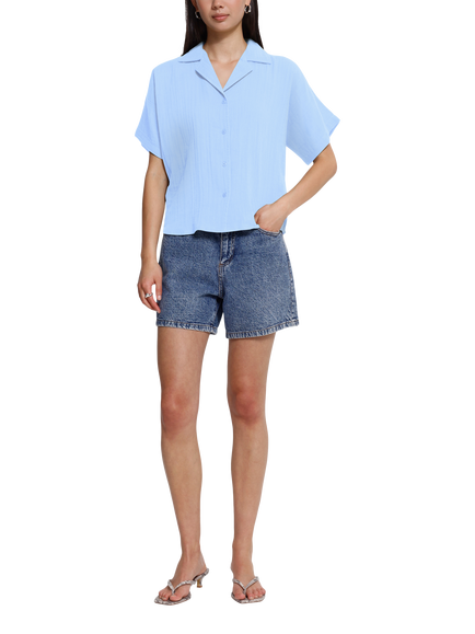 ICHI Iafoxa Short Sleeve Boxy Shirt, Placid Blue - view 2, Placid Blue
