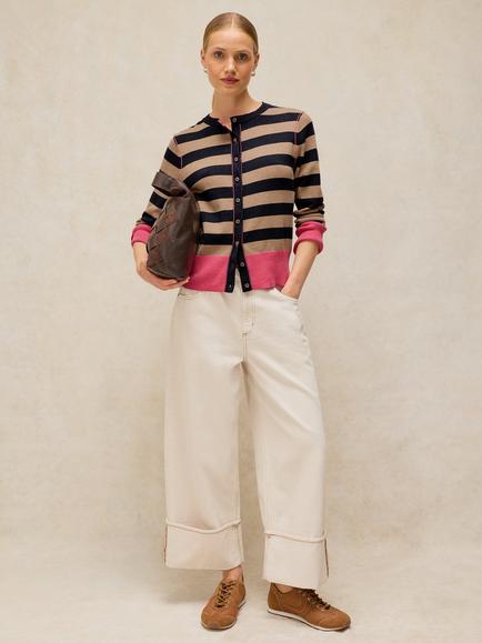 White Stuff Lois Pure Cotton Stripe Cardigan, Navy/Multi, Navy/Multi