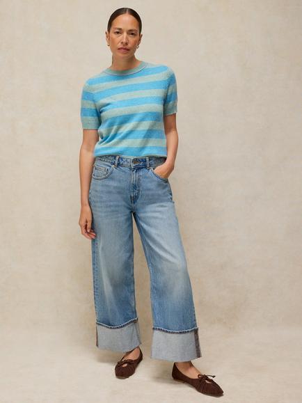 White Stuff Sansa Striped Knitted T-Shirt, Blue Mlt, Blue Mlt