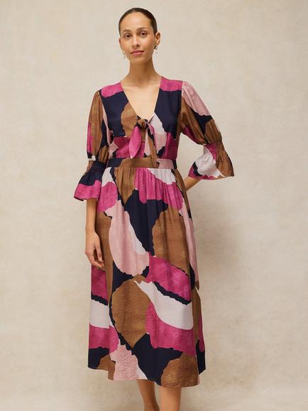 White Stuff Maisie Abstract Print Knot Dress containing LENZING™ ECOVERO™ Viscose, Pink/Multi