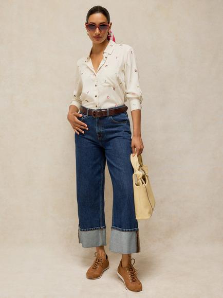 White Stuff Libby Music Embroidered Shirt containing TENCEL™ Lyocell, Ivory/Multi