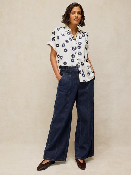 White Stuff Orla Floral Short Sleeve Shirt containing TENCEL™ Lyocell, Ivory/Multi, Ivory/Multi
