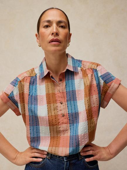 White Stuff Orla Check Print Short Sleeve Shirt, Pink/Multi, Pink/Multi