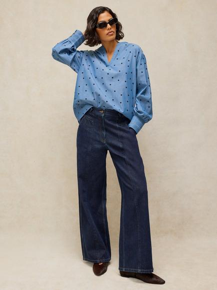 White Stuff Raya Pure Cotton Polka Dot Shirt, Blue/Multi, Blue/Multi