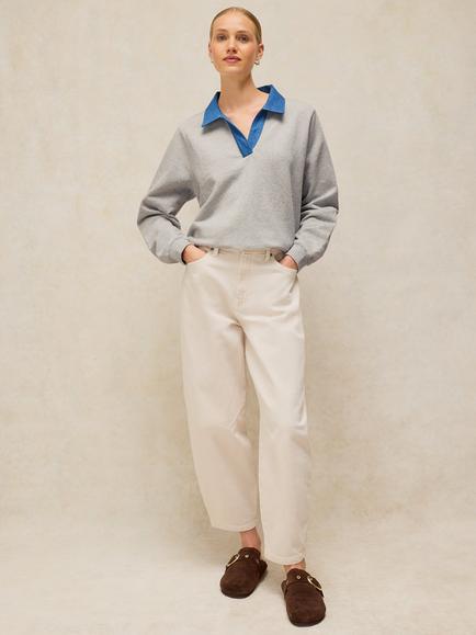 White Stuff Danni Denim Polo Collar Relaxed Sweatshirt, Grey Marl, Grey Marl