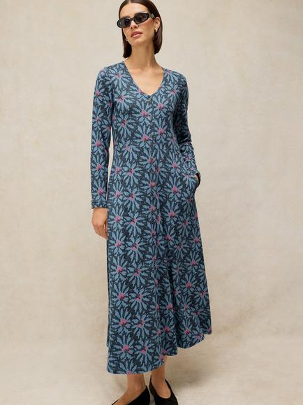 White Stuff Reese Abstract V-Neck Midi Dress, Blue, Blue