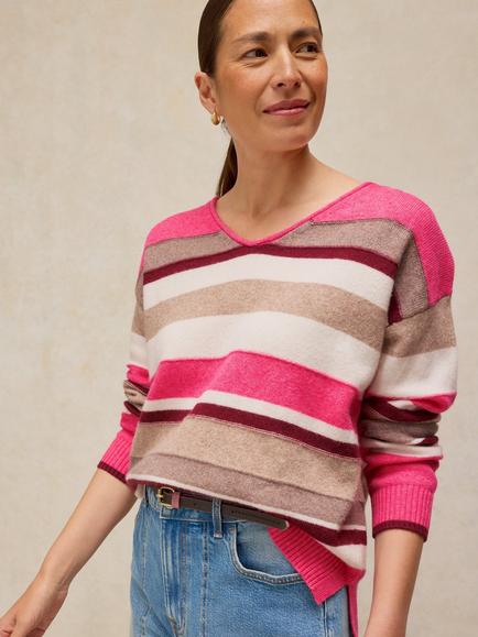 White Stuff Sansa V-Neck Striped Jumper, Pink/Multi, Pink/Multi