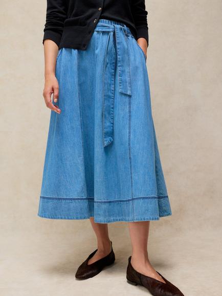 White Stuff Krystin Elasticated Tie Waist Midi Skirt, Mid Blue, Mid Blue