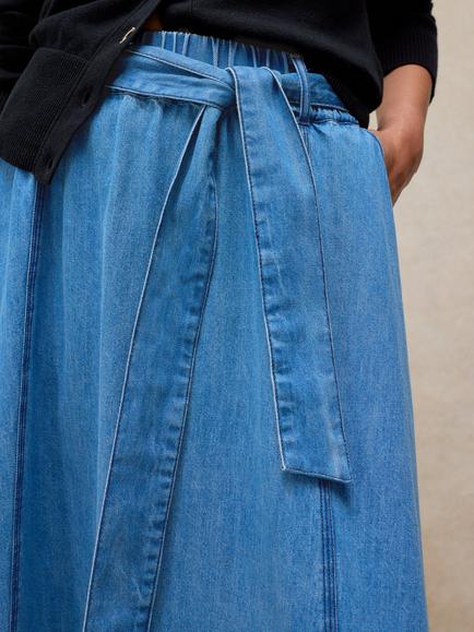 White Stuff Krystin Elasticated Tie Waist Midi Skirt, Mid Blue - view 2, Mid Blue