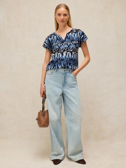 White Stuff Nelly Geometric Print Notch Neck T-Shirt, Blue, Blue