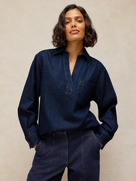 White Stuff Sage Longline Denim Tunic Top, Dark Blue, Dark Blue