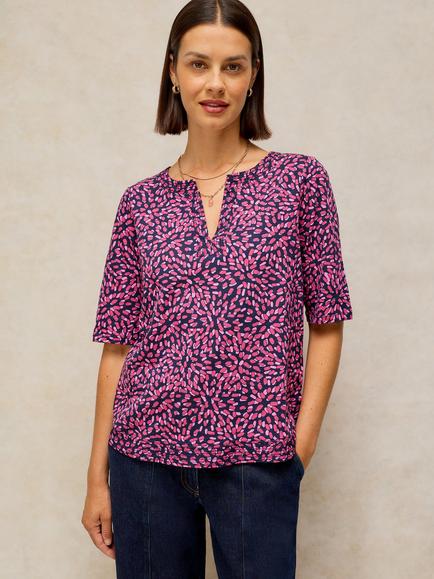 White Stuff Weaver Abstract Notch Neck T-Shirt, Pink, Pink