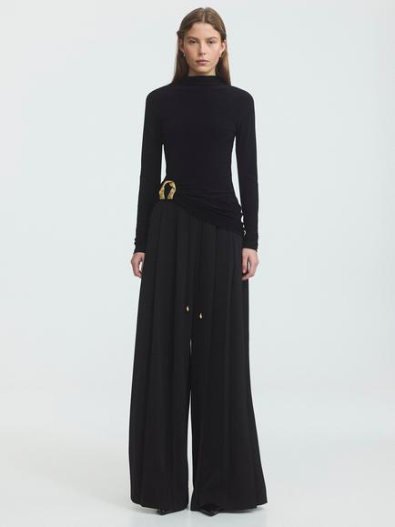 Aje Luma Ruched Gold Hardware Jersey Top, Black, Black