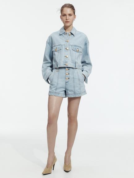 Aje Joy Curved Belted Denim Jacket, Light Wash, Light Wash
