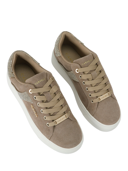 Carvela Gia Embellished Lace Up Trainers, Taupe - view 2, Taupe