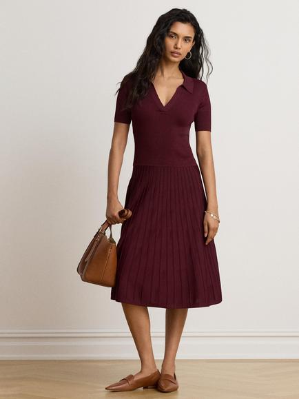 Lauren Ralph Lauren Open Collar Short Sleeve Rib Knit Jumper Dress, Dark Garnet, Dark Garnet