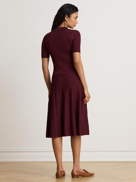 Lauren Ralph Lauren Open Collar Short Sleeve Rib Knit Jumper Dress, Dark Garnet - view 2, Dark Garnet