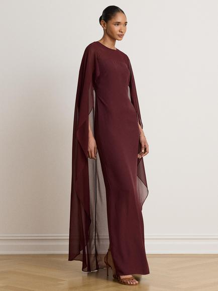 Lauren Ralph Lauren Georgette Semi Sheer Cape Maxi Column Dress, Dark Garnet, Dark Garnet