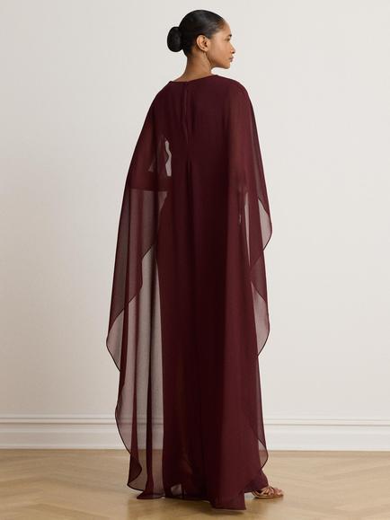 Lauren Ralph Lauren Georgette Semi Sheer Cape Maxi Column Dress, Dark Garnet - view 2, Dark Garnet