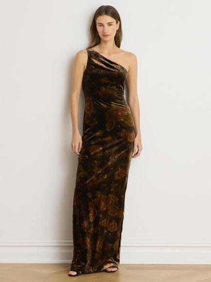 Lauren Ralph Lauren One Shoulder Floral Print Velvet Maxi Dress, Brown/Multi, Brown Multi