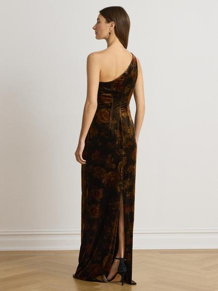 Lauren Ralph Lauren One Shoulder Floral Print Velvet Maxi Dress, Brown/Multi - view 2, Brown Multi